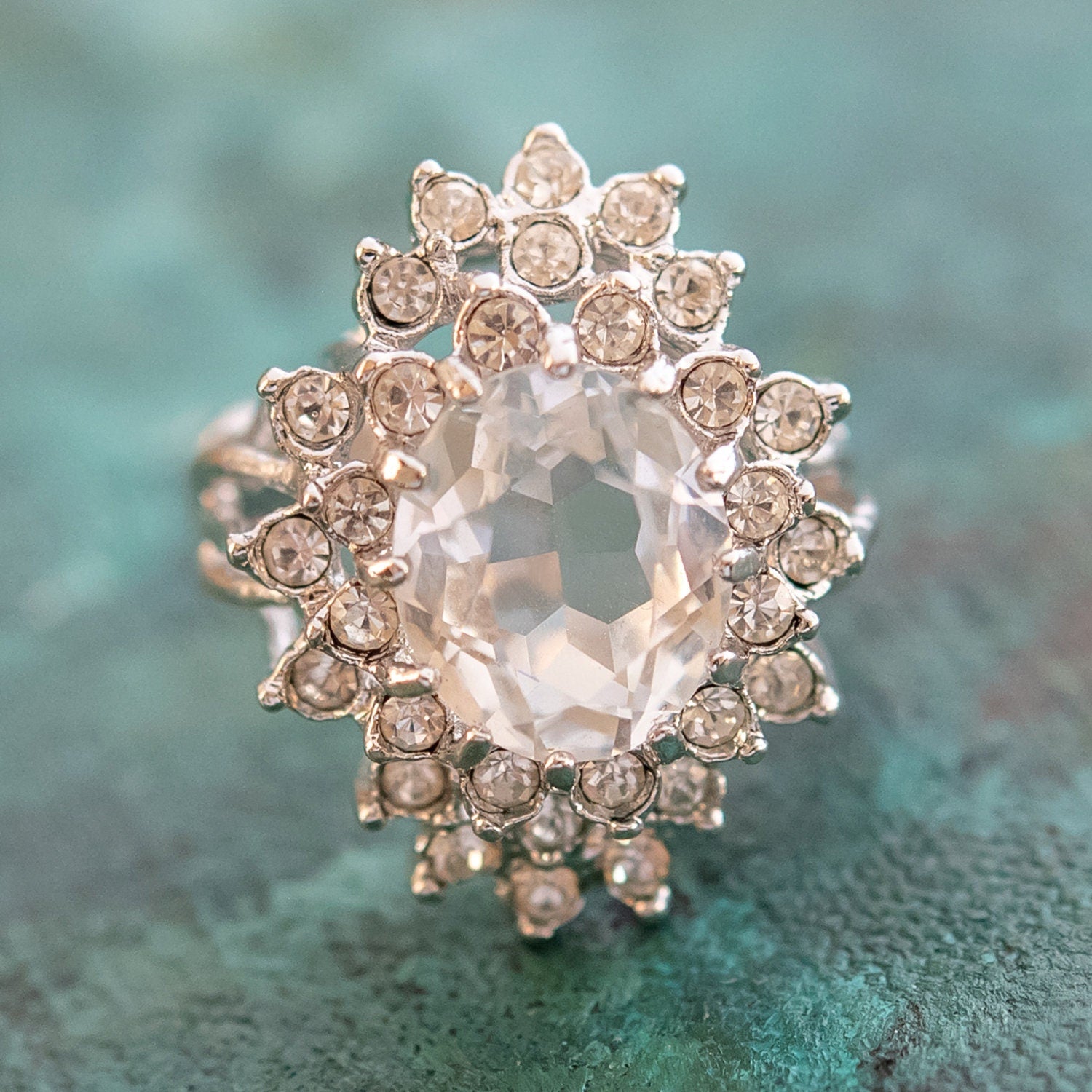 Vintage Clear Austrian Crystal 18k White Gold Electroplated Cocktail Ring - Made in USA jewelry image 1
