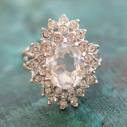 Vintage Clear Austrian Crystal 18k White Gold Electroplated Cocktail Ring - Made in USA jewelry image 1