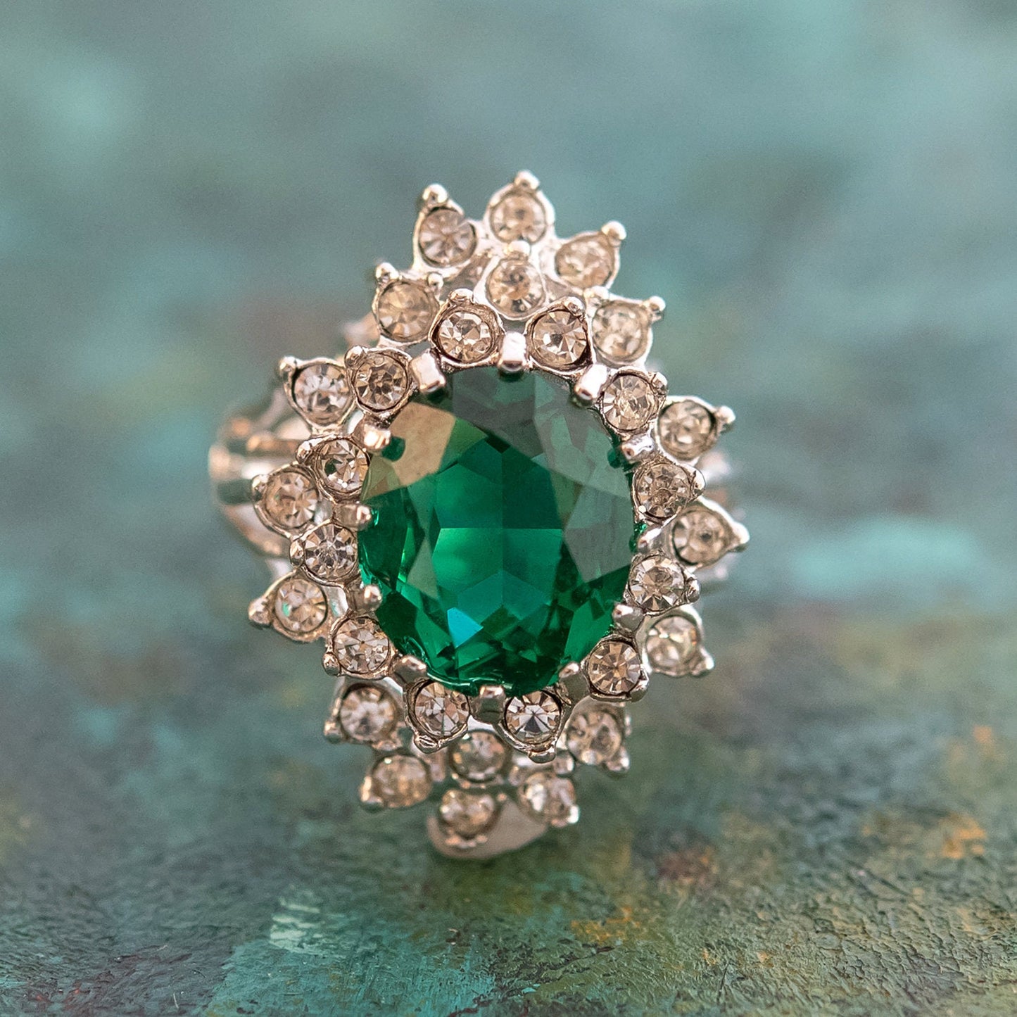 Vintage Emerald and Clear Austrian Crystal 18k White Gold Electroplated Cocktail Ring Made in USA jewelry image 1