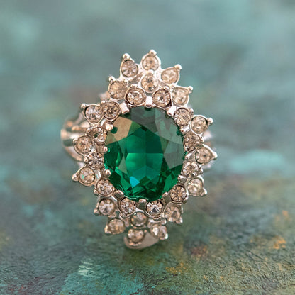 Vintage Emerald and Clear Austrian Crystal 18k White Gold Electroplated Cocktail Ring Made in USA jewelry image 1