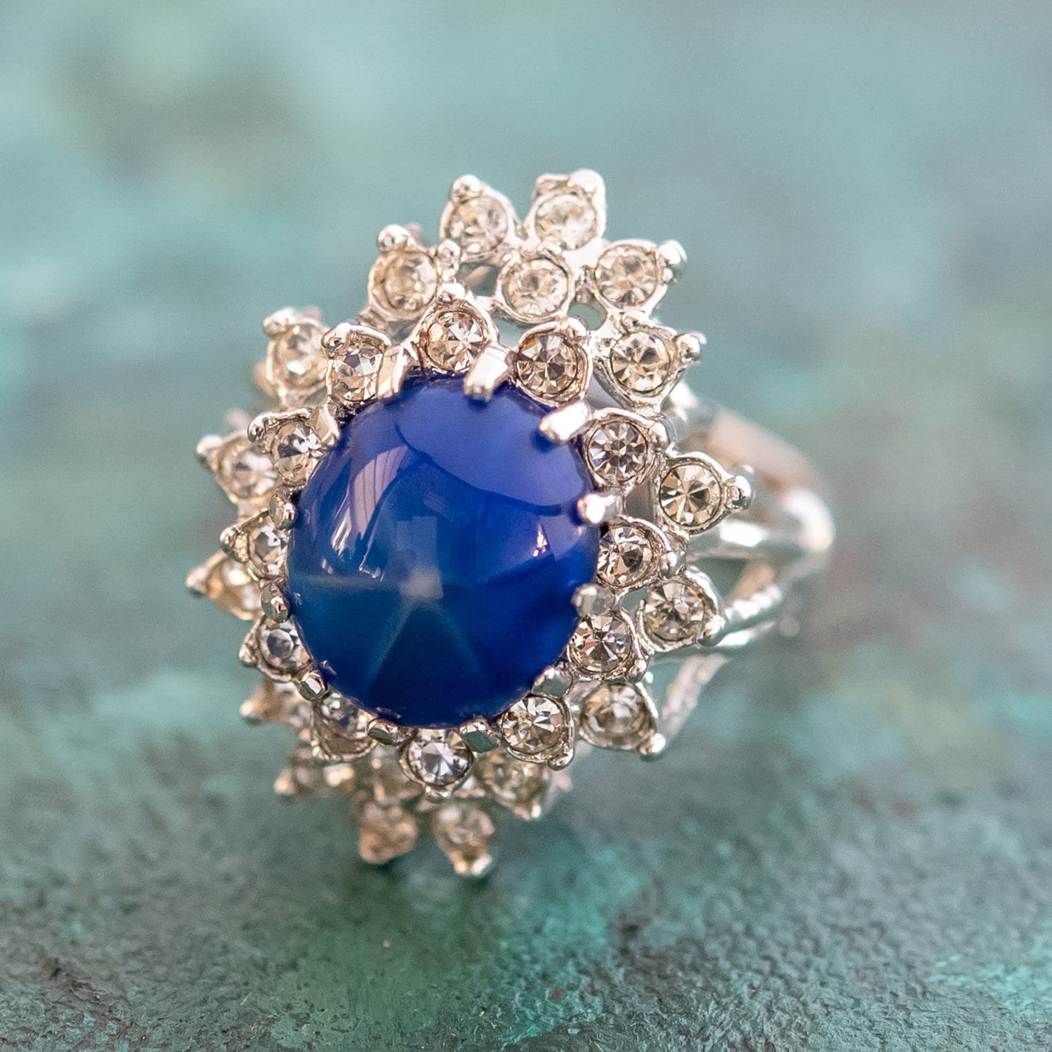 Vintage Blue Star Sapphire 18k White Gold Electroplated Cocktail Ring - Made in USA jewelry image 1