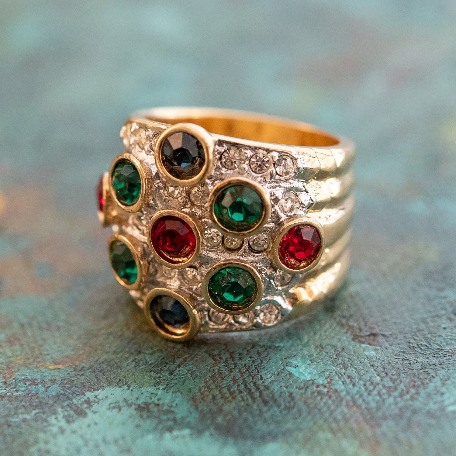 Vintage Pavé Multi Color and Clear Austrian Crystal Cocktail Ring - 18k Yellow Gold Electroplated - Made in USA jewelry image 1