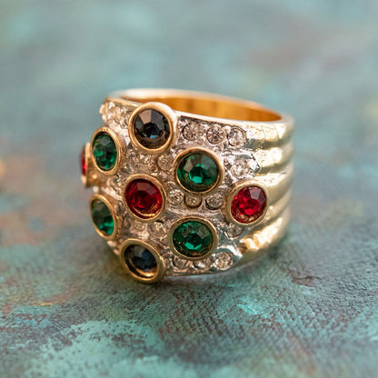 Vintage Pavé Multi Color and Clear Austrian Crystal Cocktail Ring - 18k Yellow Gold Electroplated - Made in USA jewelry image 1