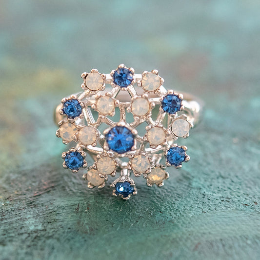 Vintage Sapphire Austrian Crystal and Pinfire Opal Cocktail Ring - 18k White Gold Electroplate - Made in USA jewelry image 1