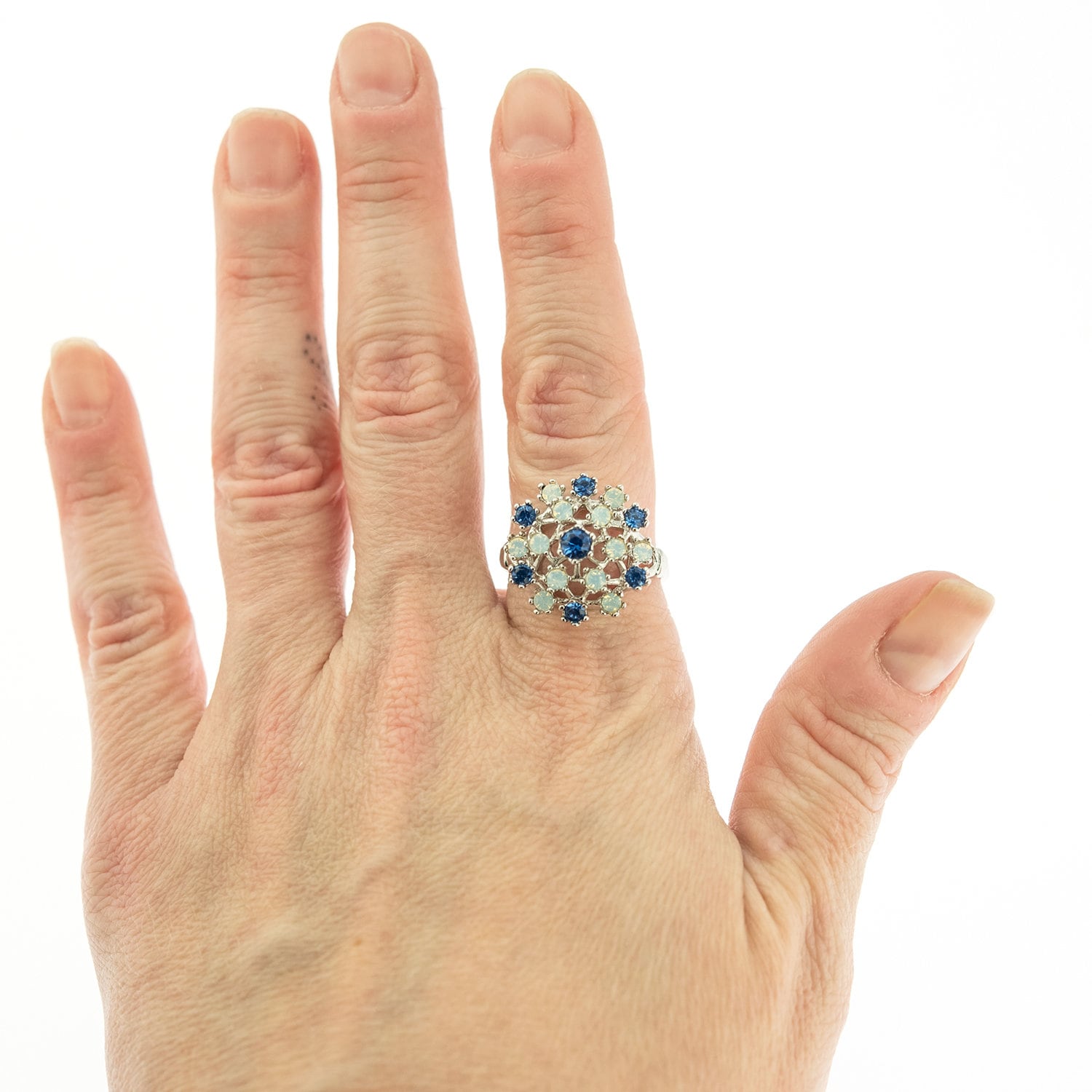 Vintage Sapphire Austrian Crystal and Pinfire Opal Cocktail Ring - 18k White Gold Electroplate - Made in USA jewelry image 1
