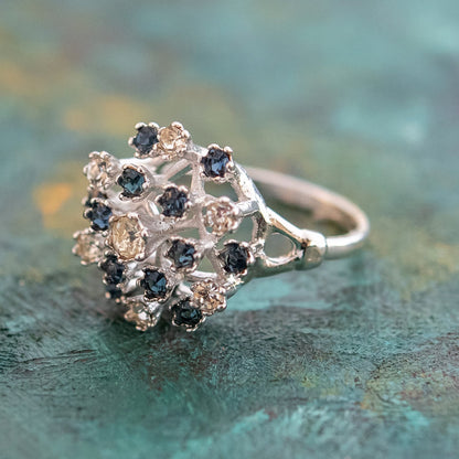Vintage Crystal and Sapphire Austrian Crystal Pinfire Opal Cocktail Ring - 18k White Gold Electroplate - Made in USA jewelry image 1