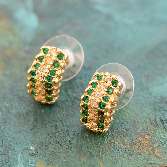 Vintage Emerald and Clear Austrian Crystal Post Earrings - 18k Yellow Gold Electroplated jewelry image 1