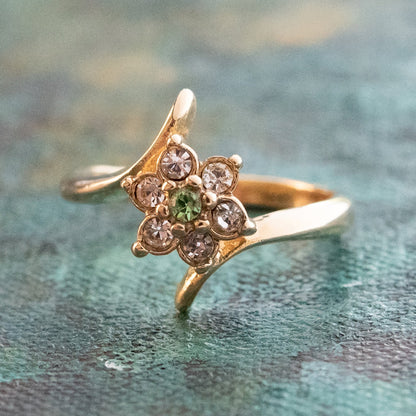 Vintage 1970s Peridot and Clear Austrian Crystal Cluster Ring - 18k Gold Electroplated jewelry image 1