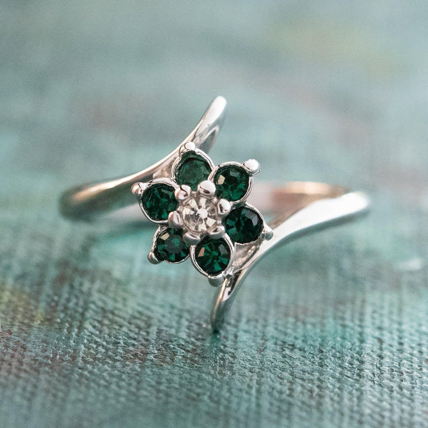 Abbi Vintage Emerald and Clear Austrian Crystal Flower Ring - 18k HGE jewelry image 1