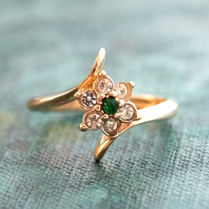 Vintage 1970s Emerald and Clear Austrian Crystal Cluster Ring - 18k Gold Electroplated jewelry image 1