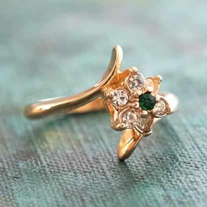 Vintage 1970s Emerald and Clear Austrian Crystal Cluster Ring - 18k Gold Electroplated jewelry image 1