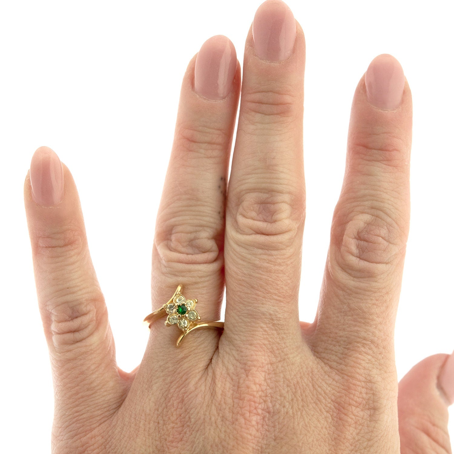 Vintage 1970s Emerald and Clear Austrian Crystal Cluster Ring - 18k Gold Electroplated jewelry image 1