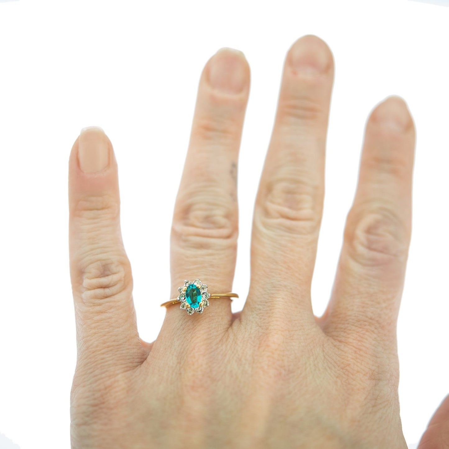 Vintage 1980s Blue Zircon and Clear Austrian Crystal Ring - 18kt Yellow Gold Electroplated - Made in USA jewelry image 1