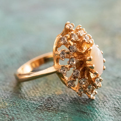 Vintage Genuine Opal and Clear Austrian Crystal Cocktail Ring - 18kt Yellow Gold Electroplated jewelry image 1