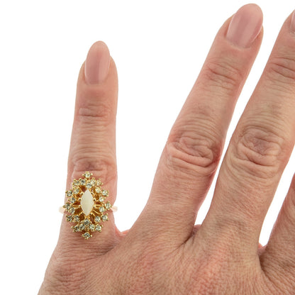 Vintage 1970s Victorian Style Cocktail Ring - Genuine Opal & Clear Austrian Crystals - 18k HGE Gold Electroplated #R221 jewelry image 1
