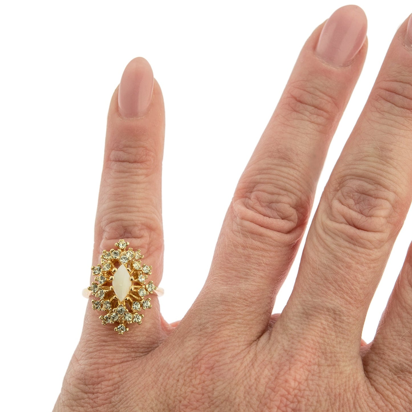 Vintage Genuine Opal and Clear Austrian Crystal Cocktail Ring - 18kt Yellow Gold Electroplated jewelry image 1