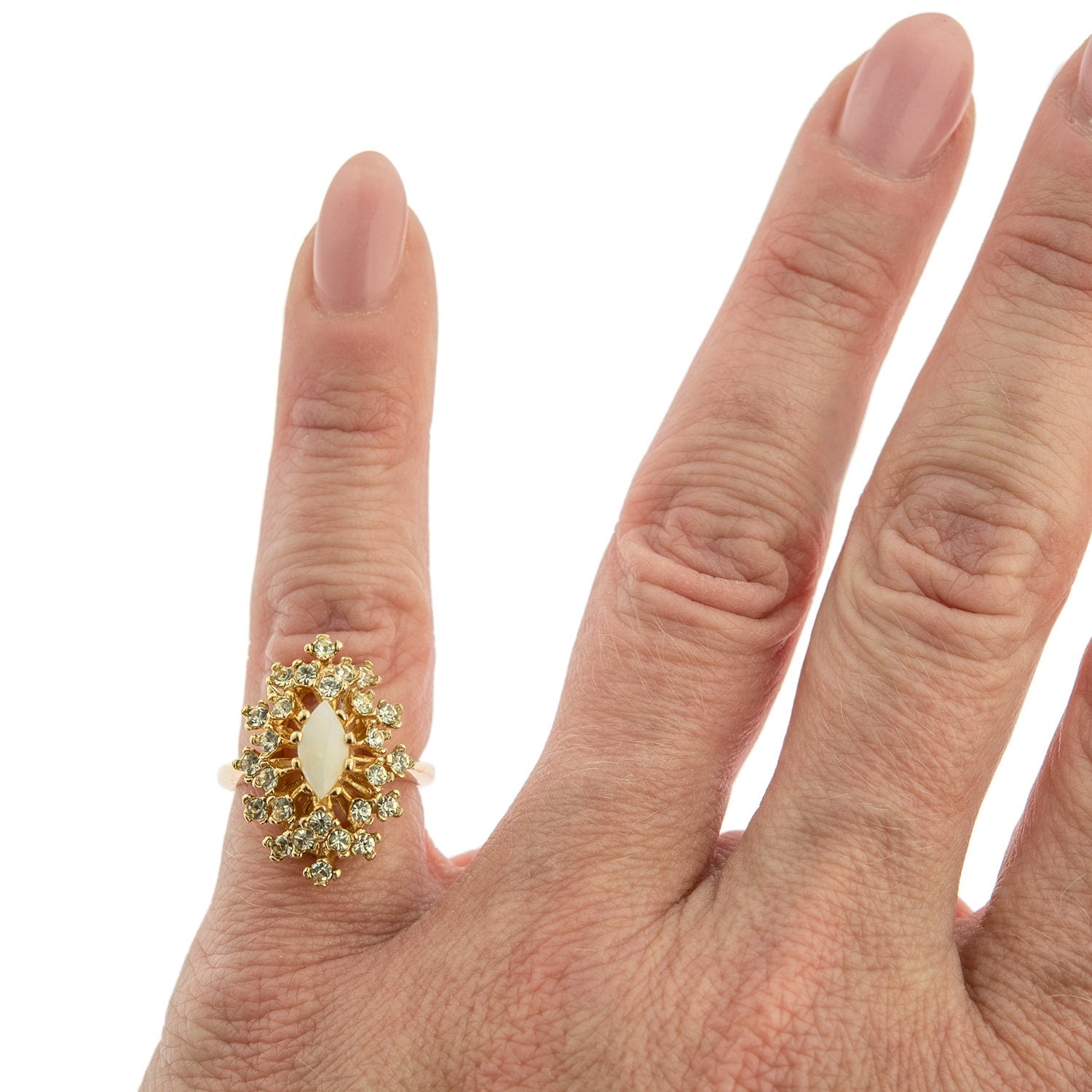 Vintage Genuine Opal and Clear Austrian Crystal Cocktail Ring - 18kt Yellow Gold Electroplated jewelry image 1