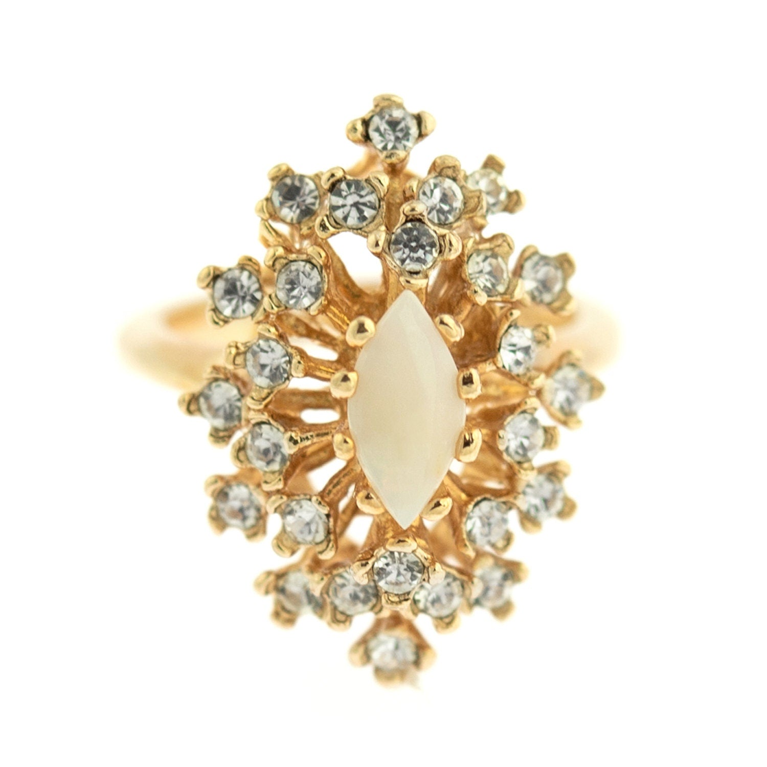 Vintage Genuine Opal and Clear Austrian Crystal Cocktail Ring - 18kt Yellow Gold Electroplated jewelry image 1