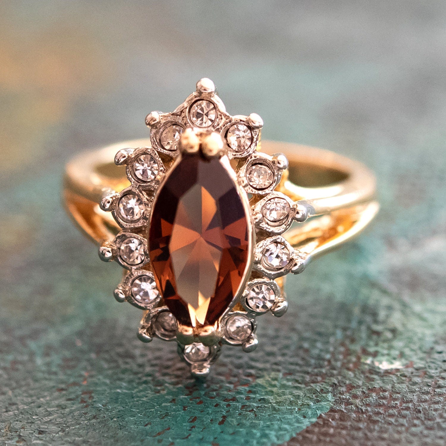 Vintage 1980s Smokey Topaz and Clear Austrian Crystal 18k Yellow Gold Electroplated Ring jewelry image 1