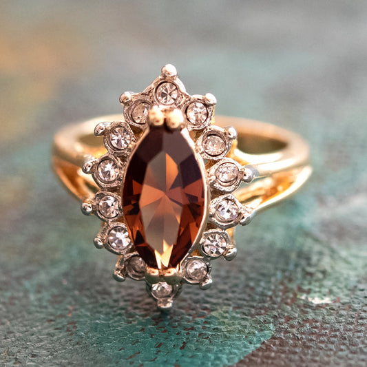 Vintage 1980s Smokey Topaz and Clear Austrian Crystal 18k Yellow Gold Electroplated Ring jewelry image 1