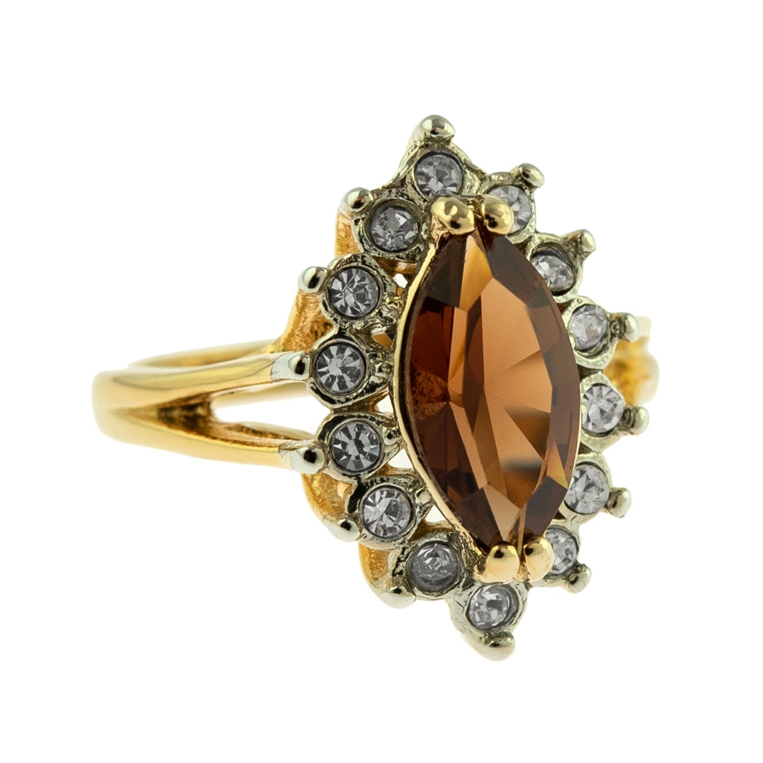 Vintage 1980s Smokey Topaz and Clear Austrian Crystal 18k Yellow Gold Electroplated Ring jewelry image 1