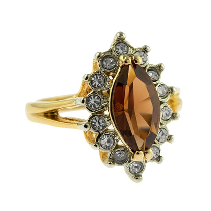 Vintage 1980s Smokey Topaz and Clear Austrian Crystal 18k Yellow Gold Electroplated Ring jewelry image 1