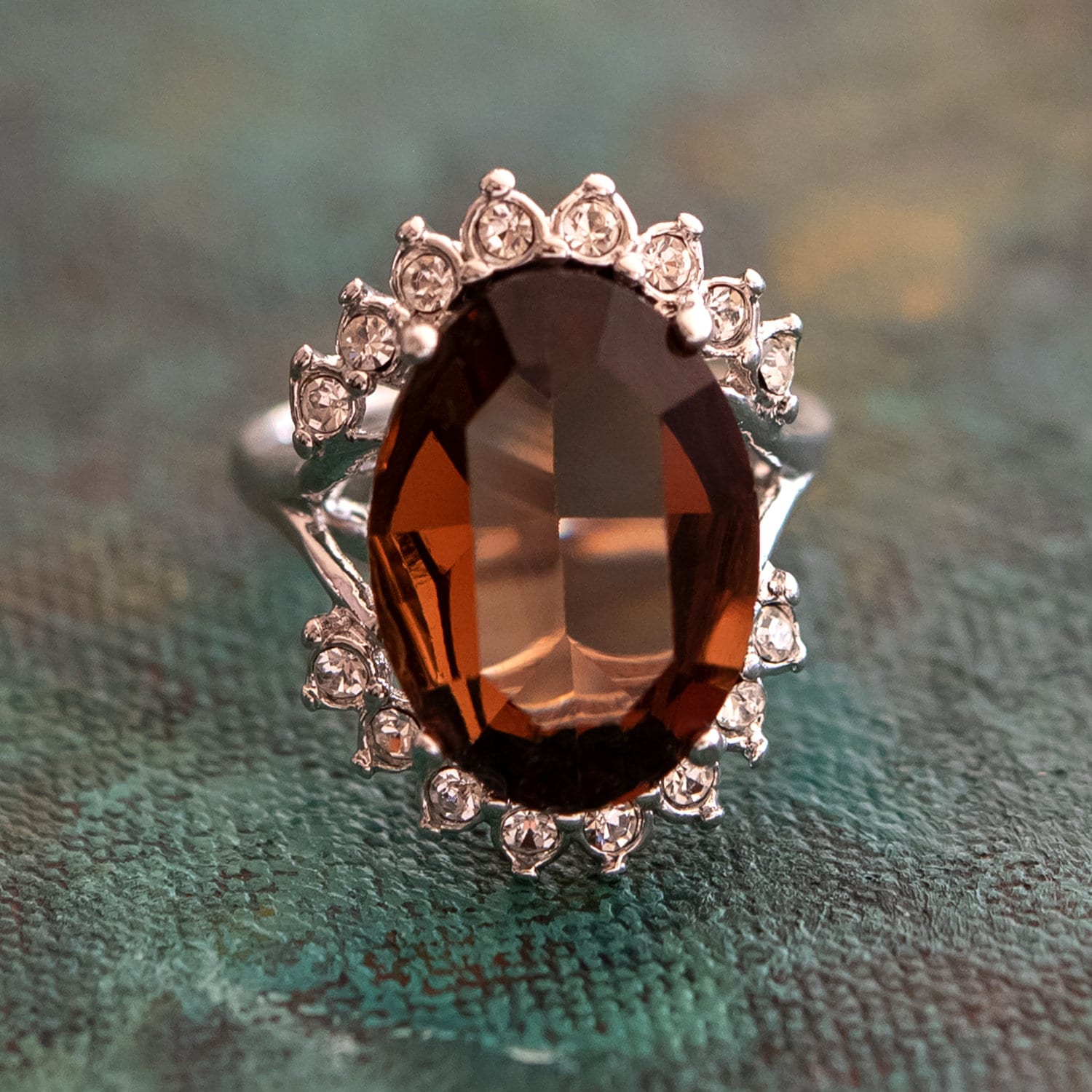 Vintage 1980s Smokey Topaz and Clear Austrian Crystal Cluster Ring - 18k White Gold Plated - Made in USA jewelry image 1