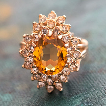 Vintage Light Topaz and Clear Austrian Crystal Cocktail Ring – 18k Gold Electroplated, Made in USA jewelry image 1
