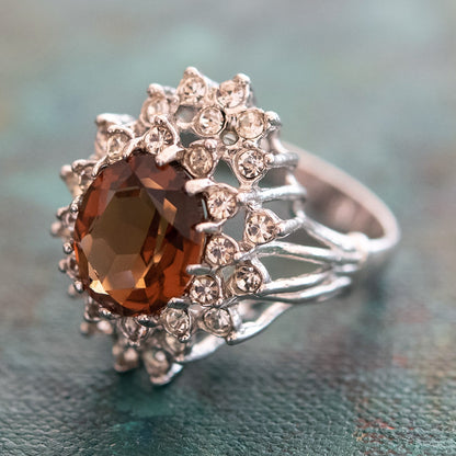 Vintage Smokey Topaz and Clear Austrian Crystal 18k White Gold Electroplated Cocktail Ring jewelry image 1