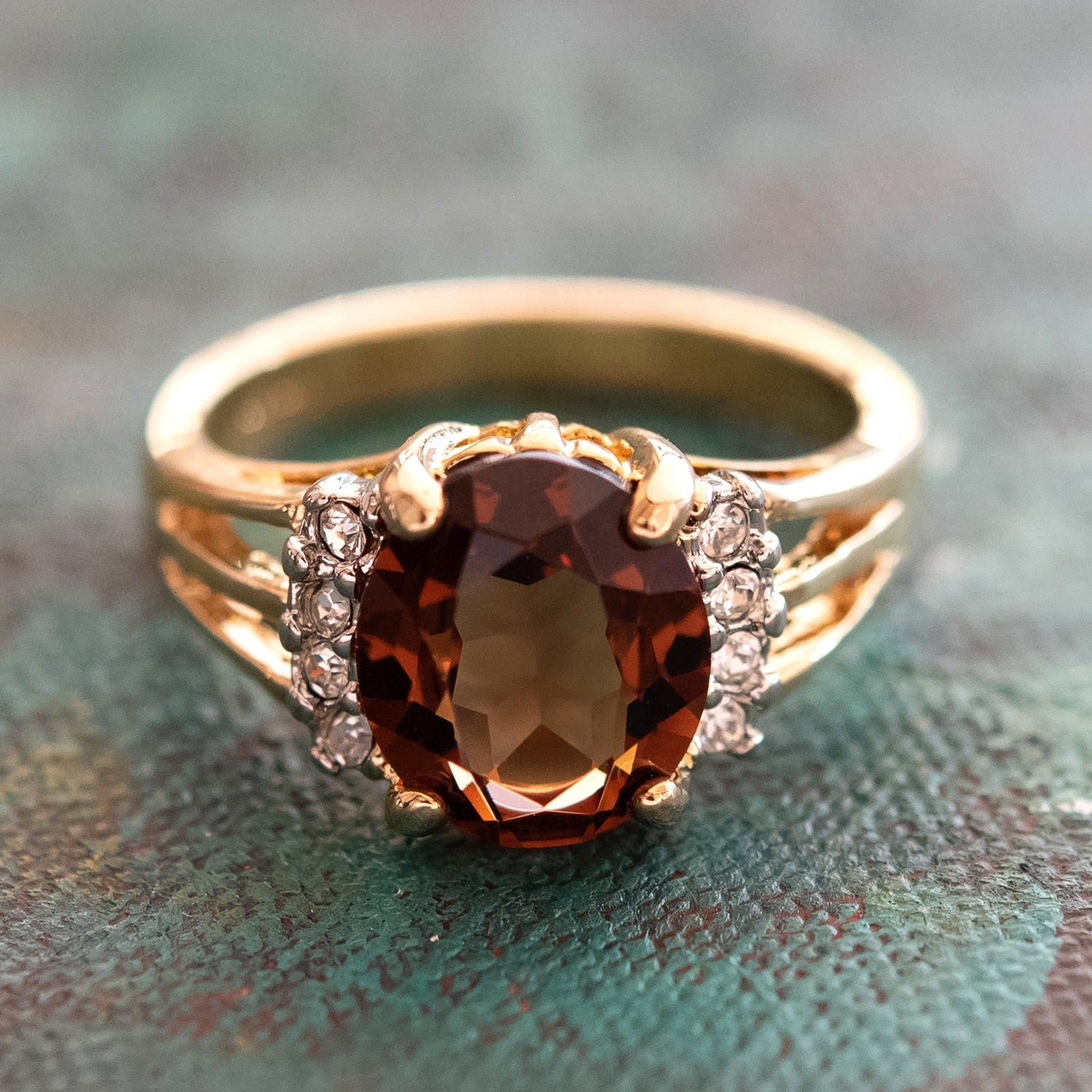 Vintage 1980s Smokey Topaz & Clear Austrian Crystal Ring - 18k Gold Electroplated - Made in USA jewelry image 1