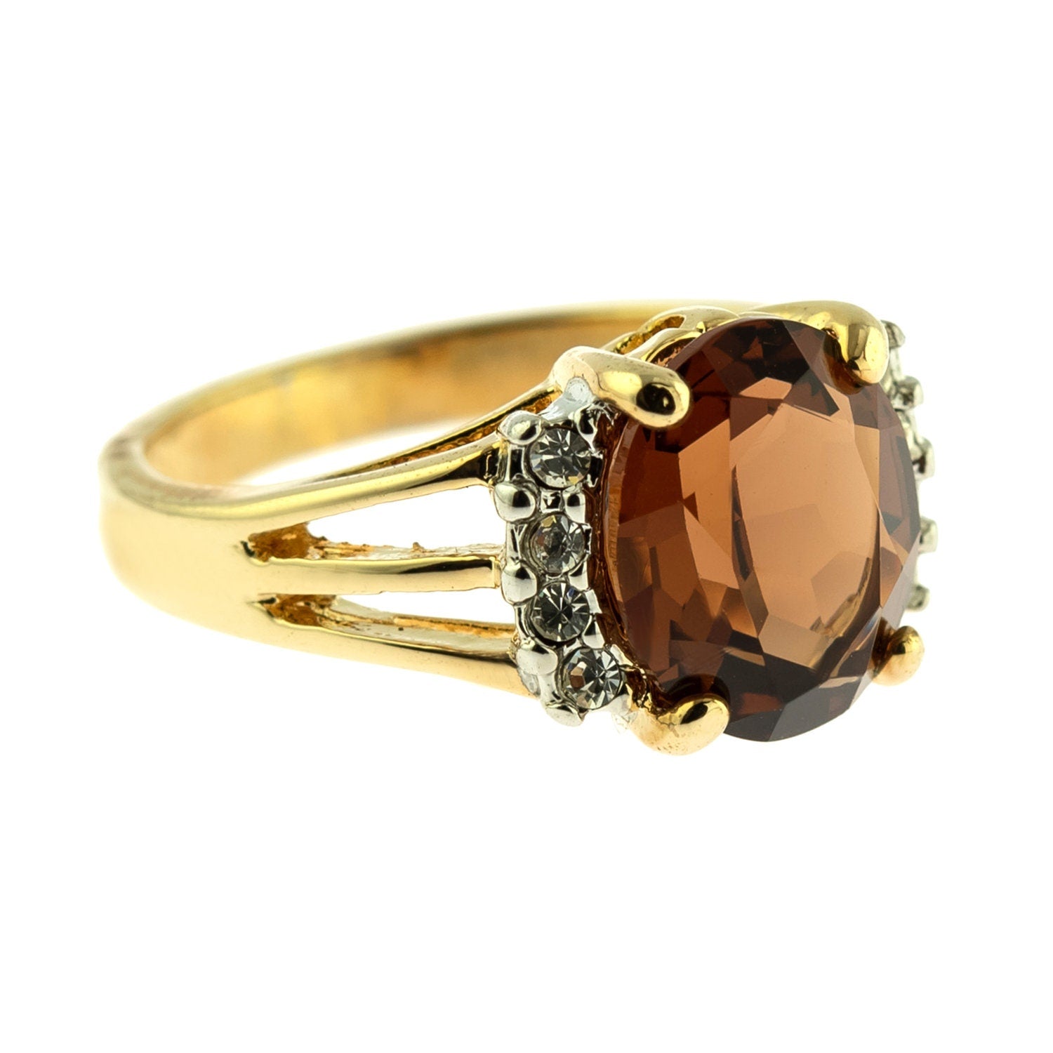 Vintage 1980s Smokey Topaz & Clear Austrian Crystal Ring - 18k Gold Electroplated - Made in USA jewelry image 1