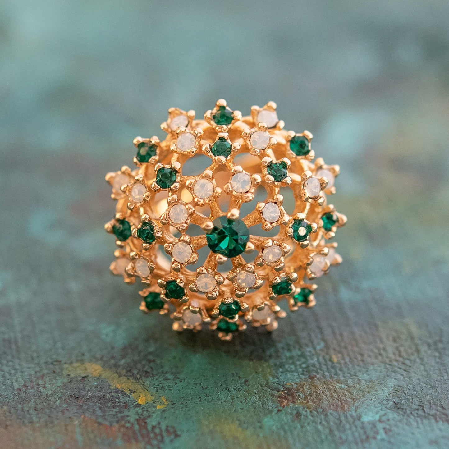 Vintage Dome Cocktail Ring with Genuine Pinfire Opals and Emerald Green Crystals - 18k Gold Electroplated jewelry image 1