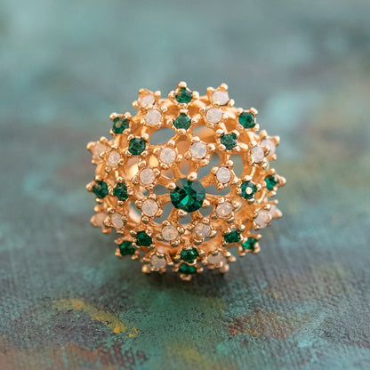 Vintage Dome Cocktail Ring with Genuine Pinfire Opals and Emerald Green Crystals - 18k Gold Electroplated jewelry image 1