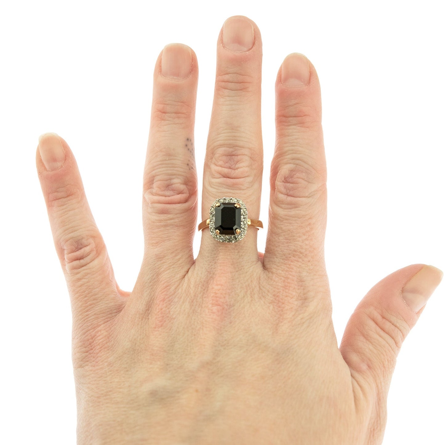 Vintage Black and Clear Austrian Crystal 18k Yellow Gold Electroplated Halo Ring - Made in USA jewelry image 1