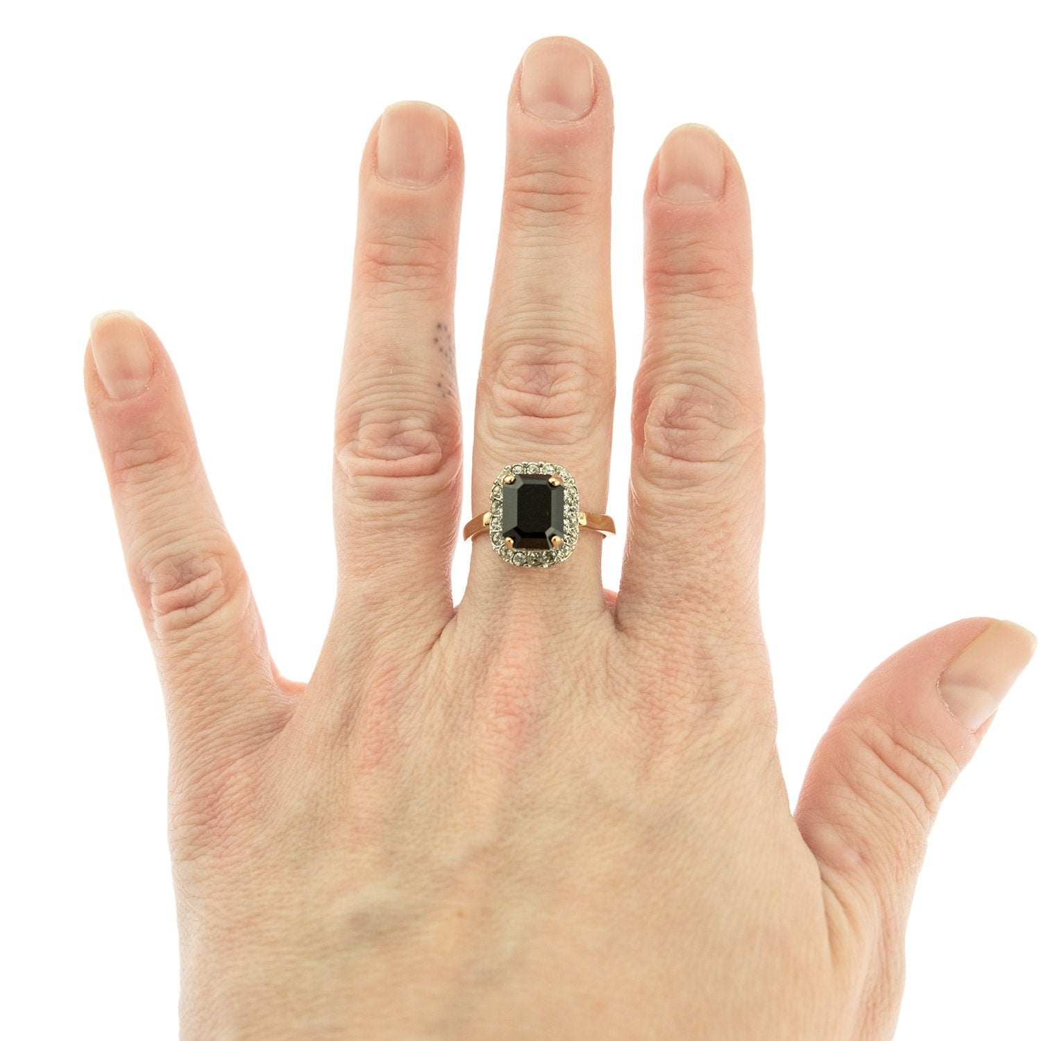Vintage Black and Clear Austrian Crystal 18k Yellow Gold Electroplated Halo Ring - Made in USA jewelry image 1