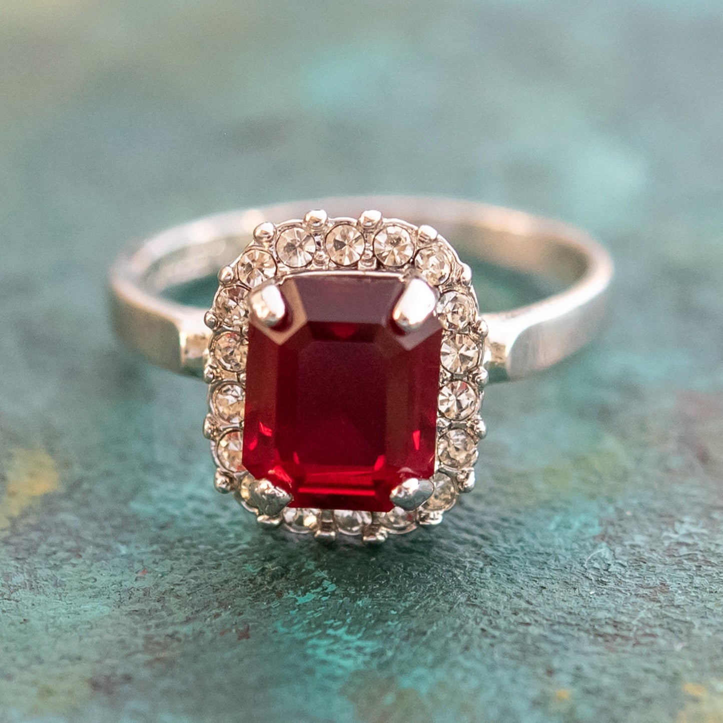 Vintage 18k White Gold Electroplated Ruby and Clear Austrian Crystal Halo Ring – Made in USA jewelry image 1