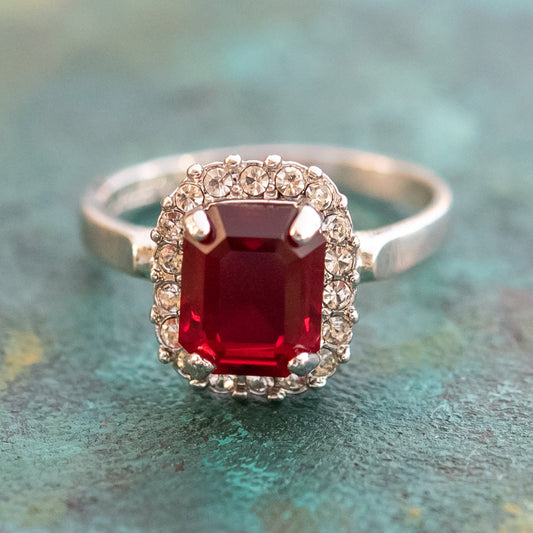 Vintage 18k White Gold Electroplated Ruby and Clear Austrian Crystal Halo Ring – Made in USA jewelry image 1