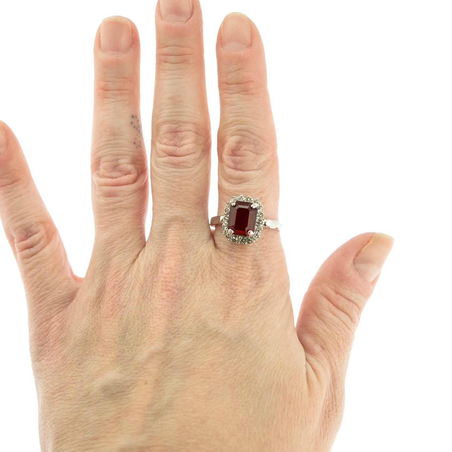 Vintage 18k White Gold Electroplated Ruby and Clear Austrian Crystal Halo Ring – Made in USA jewelry image 1