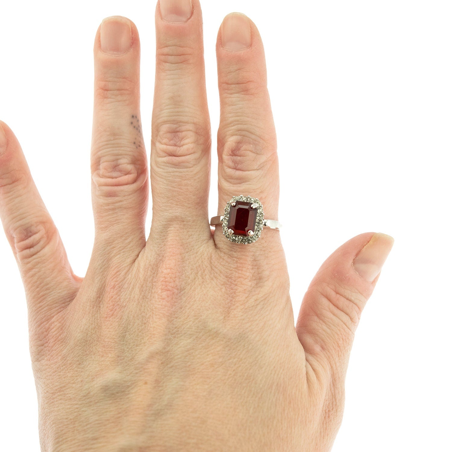 Vintage 18k White Gold Electroplated Ruby and Clear Austrian Crystal Halo Ring – Made in USA jewelry image 1