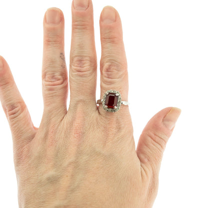 Vintage 18k White Gold Electroplated Ruby and Clear Austrian Crystal Halo Ring – Made in USA jewelry image 1