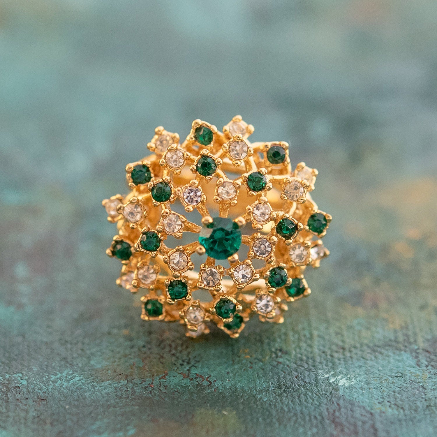 Vintage Dome Cocktail Ring with Emerald Green and Clear Crystals - 18k Gold Electroplated jewelry image 1