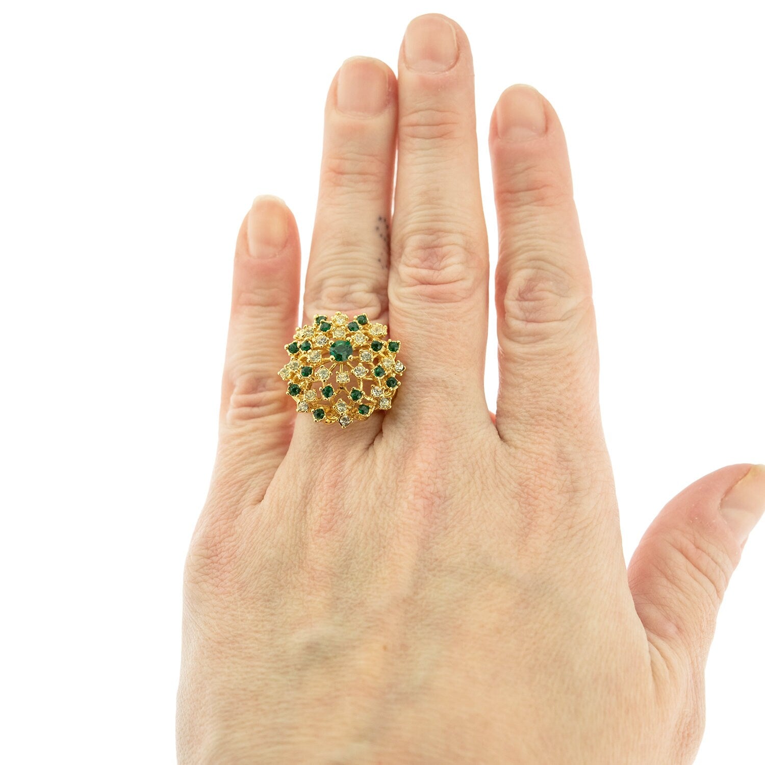 Vintage Dome Cocktail Ring with Emerald Green and Clear Crystals - 18k Gold Electroplated jewelry image 1