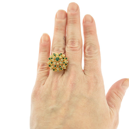 Vintage Dome Cocktail Ring with Emerald Green and Clear Crystals - 18k Gold Electroplated jewelry image 1