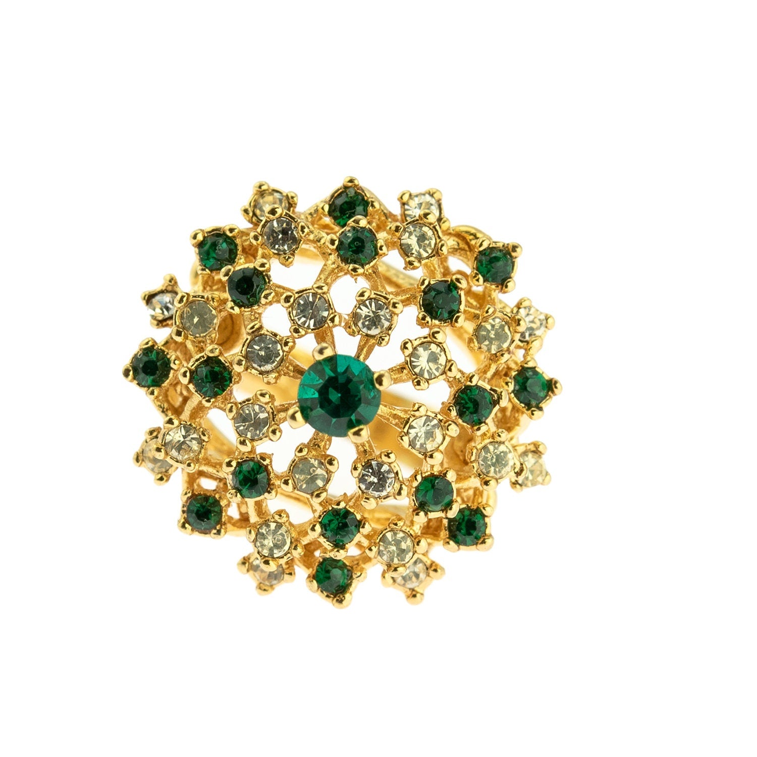 Vintage Dome Cocktail Ring with Emerald Green and Clear Crystals - 18k Gold Electroplated jewelry image 1