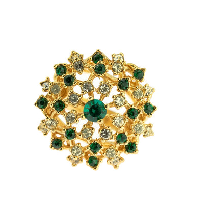 Vintage Dome Cocktail Ring with Emerald Green and Clear Crystals - 18k Gold Electroplated jewelry image 1