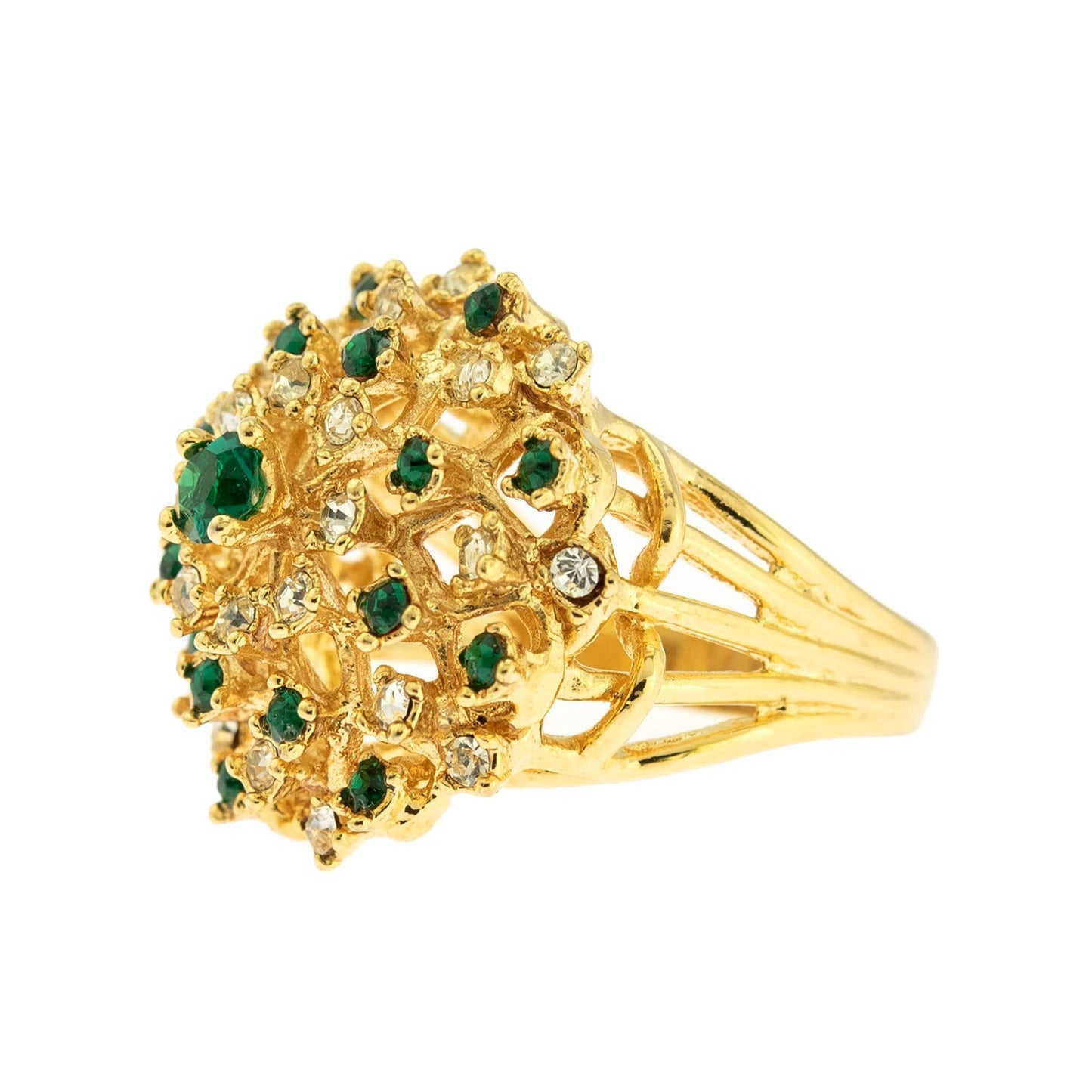 Vintage Dome Cocktail Ring with Emerald Green and Clear Crystals - 18k Gold Electroplated jewelry image 1
