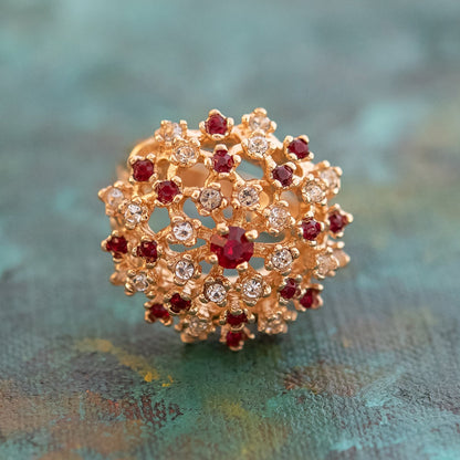 Vintage Ruby and Clear Austrian Crystal Burst Ring - 18k Yellow Gold Electroplated - Made in USA jewelry image 1