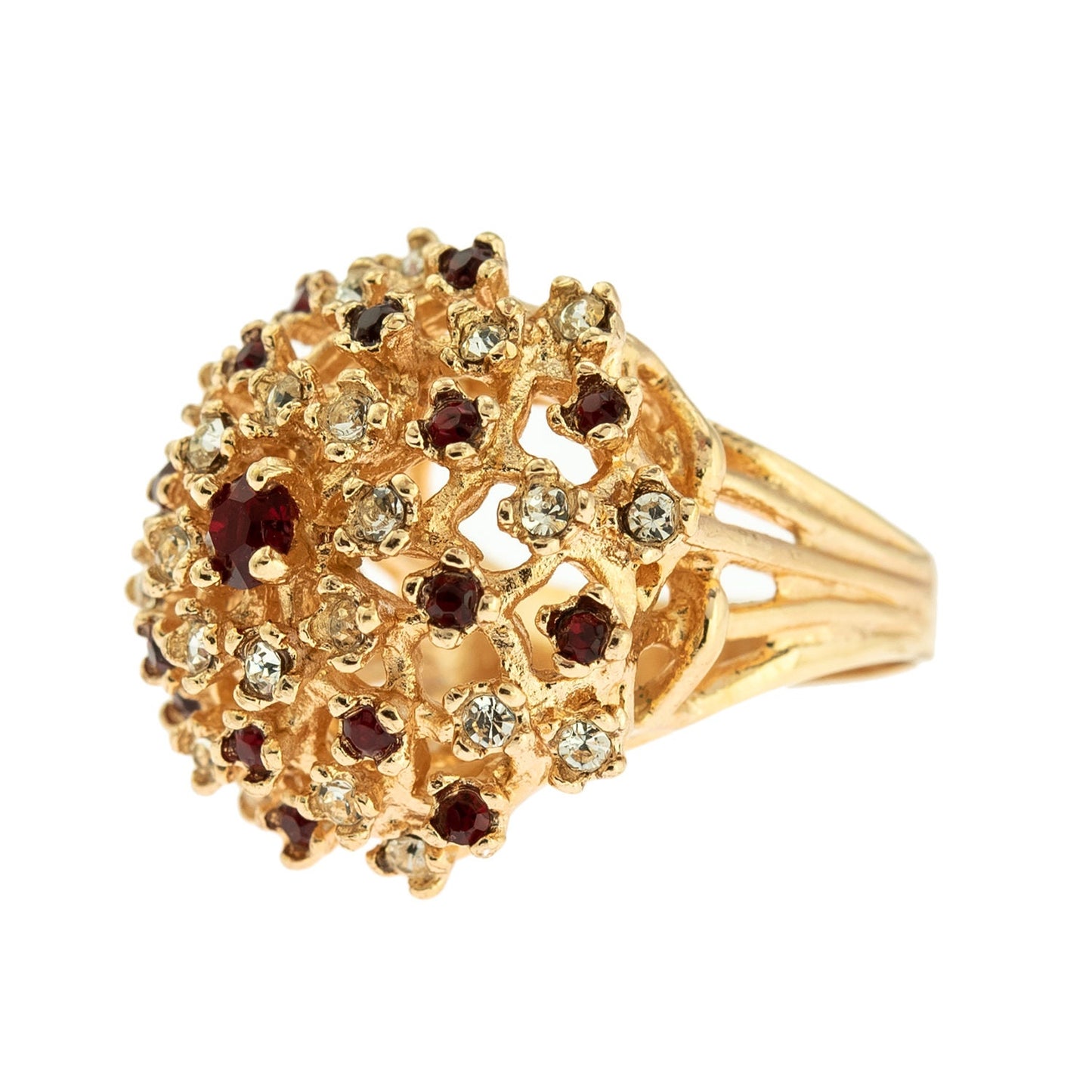 Vintage Ruby and Clear Austrian Crystal Burst Ring - 18k Yellow Gold Electroplated - Made in USA jewelry image 1