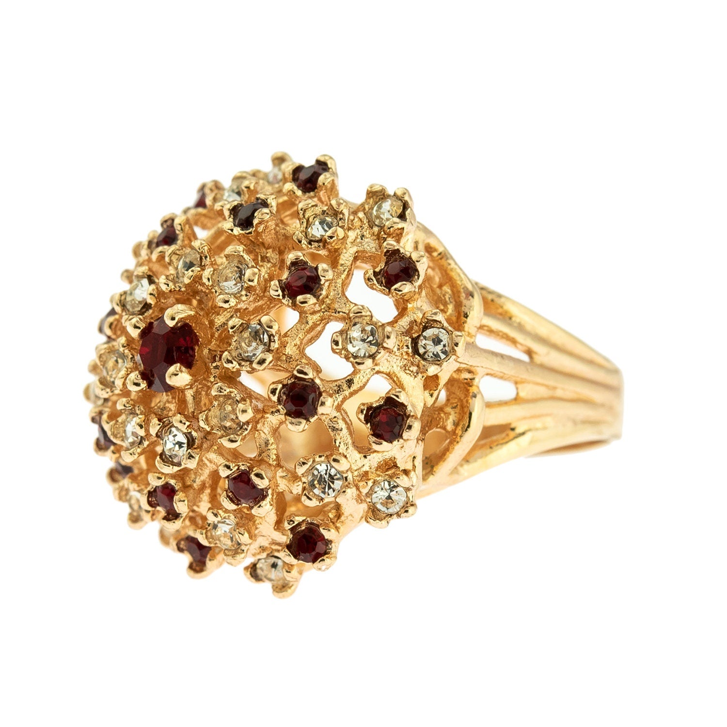Vintage Ruby and Clear Austrian Crystal Burst Ring - 18k Yellow Gold Electroplated - Made in USA jewelry image 1