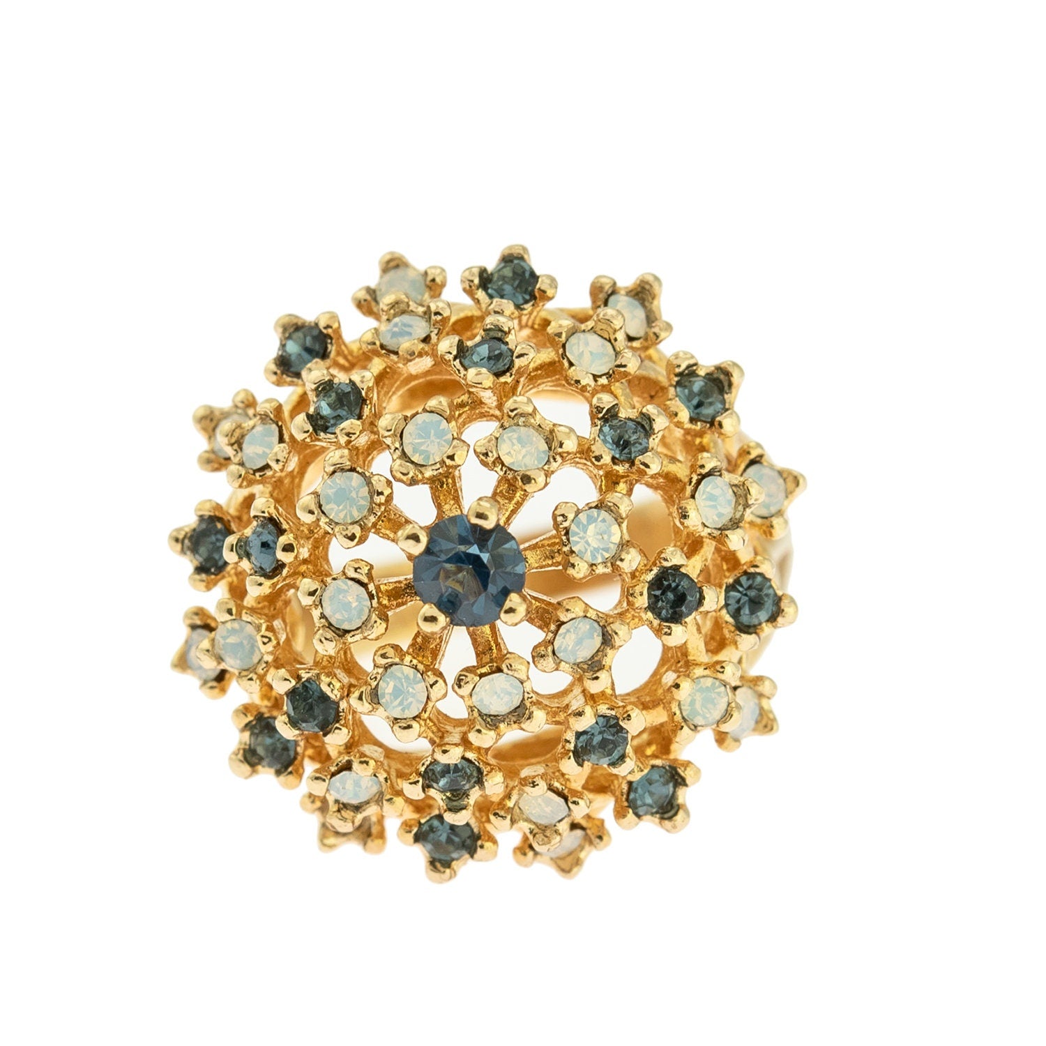 Vintage Dome Cocktail Ring with Pinfire Opals and Sapphire Crystals - 18k Gold Electroplated jewelry image 1